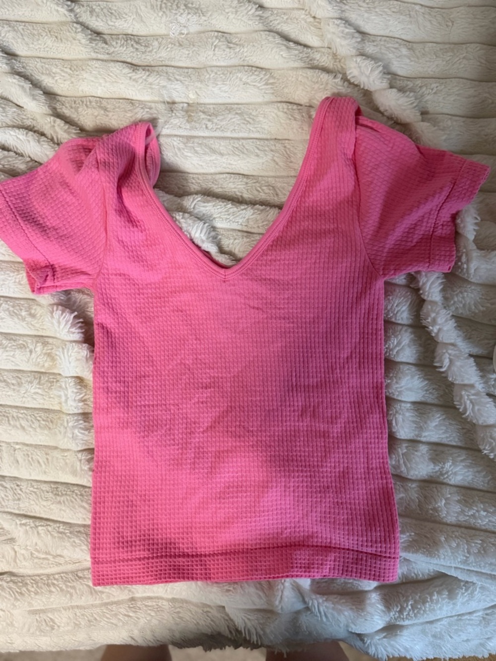 Aura Hot Pink Waffle V-Neck Short Sleeve Top